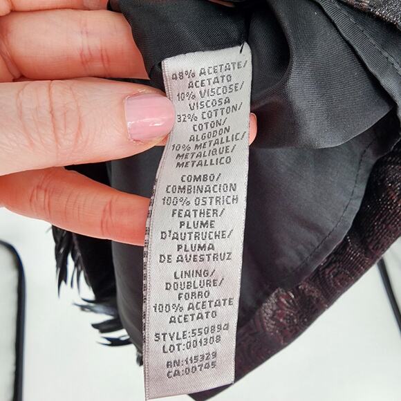 Badgley Mischka Feather Hem Cocktail Dress 10 Metallic Brocade Sleeveless Black - Picture 10 of 11